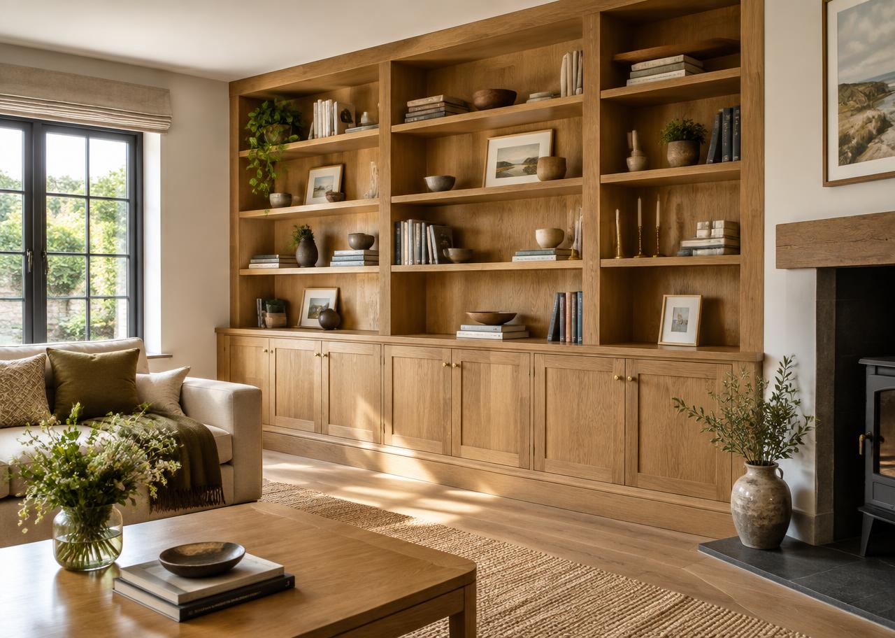 Custom oak cabinetry in a living room