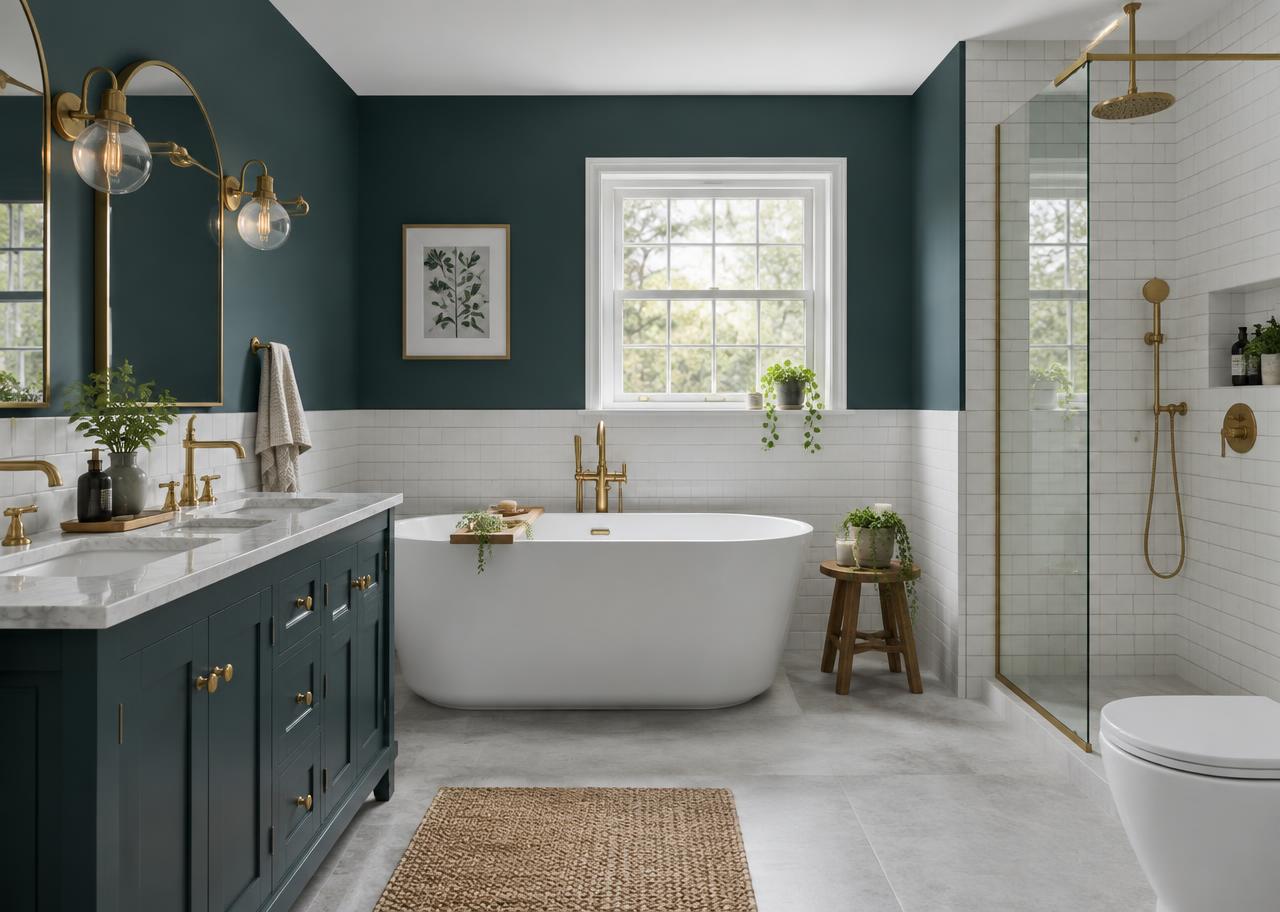 Contemporary bathroom with brass fittings